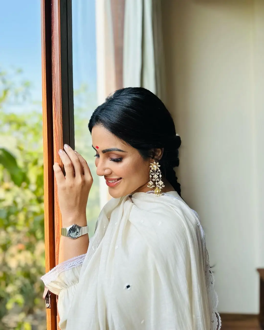 Samyuktha Menon Wearing Beautiful Earring White Designer Dress